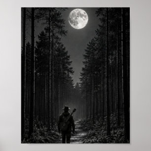 Moonlit Pine Forest Wanderer with Guitar Black and Poster