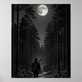 Moonlit Pine Forest Wanderer with Guitar Black and Poster