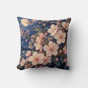 Moonlit Pink Cherry Blossoms Midnight Blue Floral Cushion