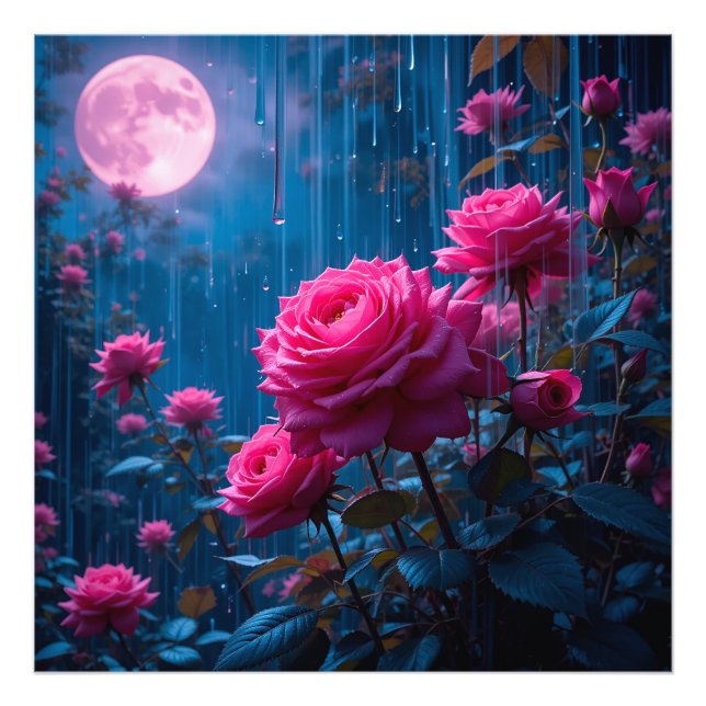 Moonlit Pink Rose Rain Photo Print Wall Decor (Front)