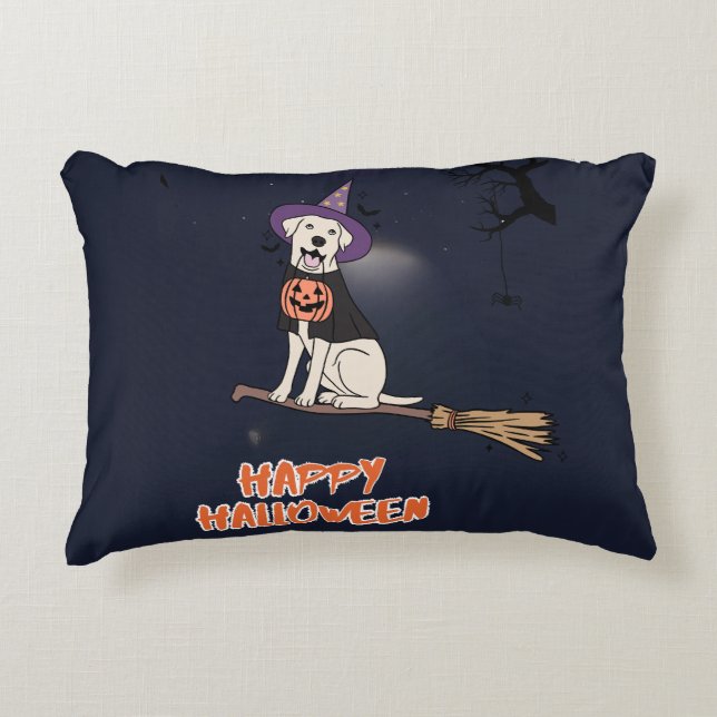 Moonlit Pup – Halloween Dog in Witch Hat Decorative Cushion (Front)