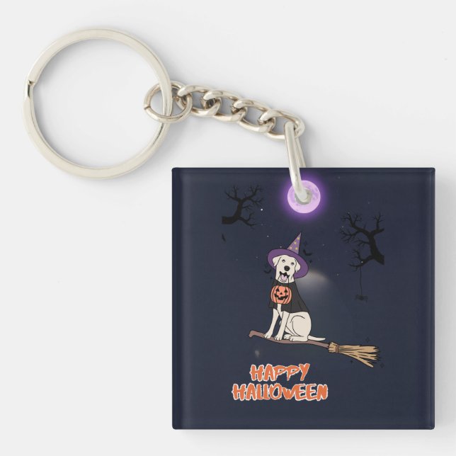 Moonlit Pup – Halloween Dog in Witch Hat Key Ring (Front)