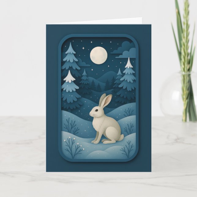 Moonlit Rabbit in Snowy Forest Card (Front)
