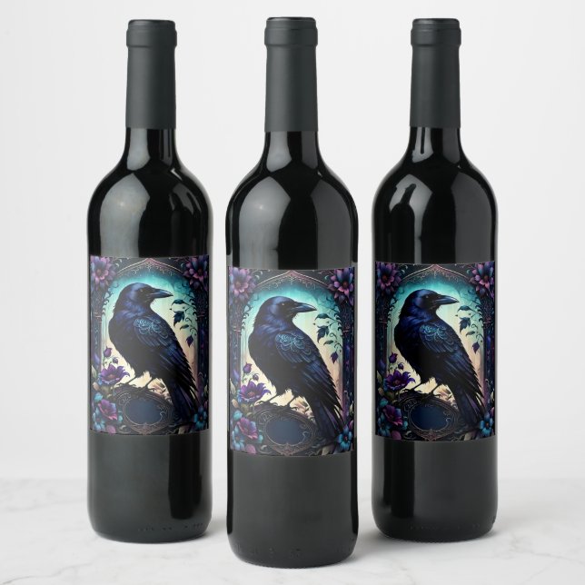 Moonlit Raven | Gothic Floral Wedding Suite.  Wine Label (Bottles)