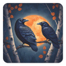 Moonlit Ravens on Birch Trees 