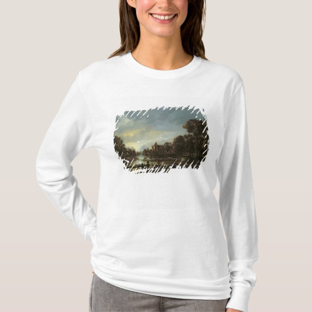 Moonlit River Landscape with Cottages T-Shirt (Front)