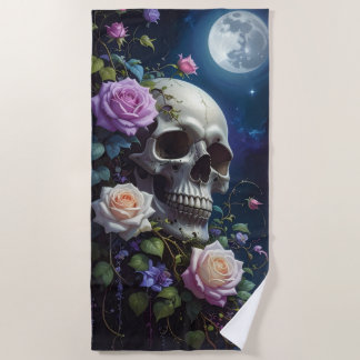 Moonlit Roses Skull Beach Towel