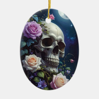 Moonlit Roses Skull Ceramic Tree Decoration