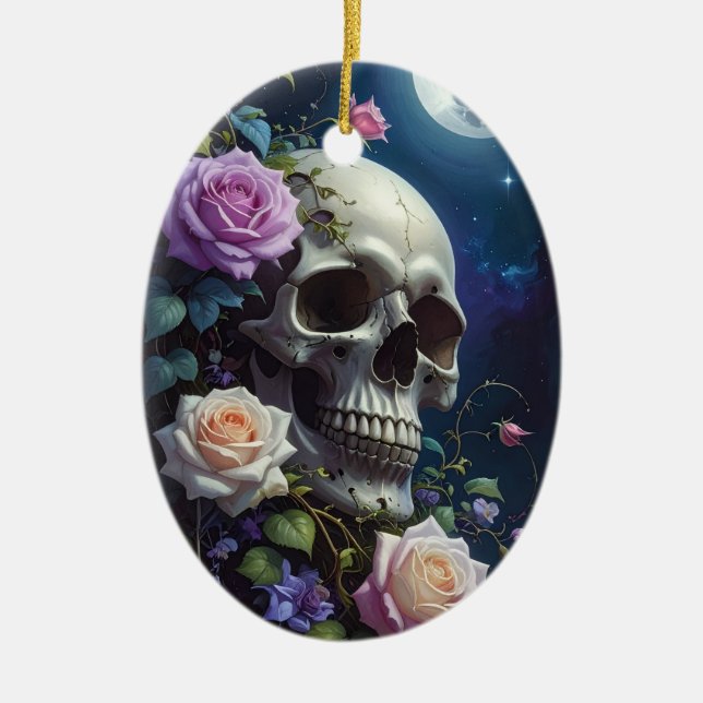 Moonlit Roses Skull Ceramic Tree Decoration (Front)
