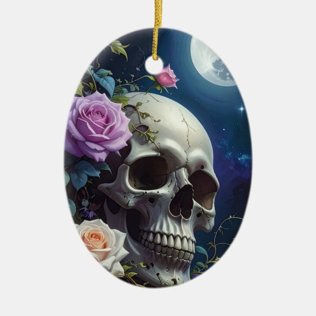 Moonlit Roses Skull Ceramic Tree Decoration (Front)