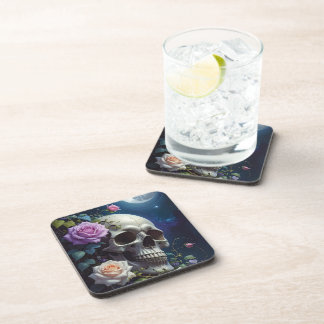 Moonlit Roses Skull Hard plastic coaster