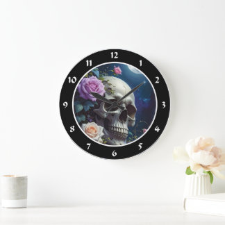 Moonlit Roses Skull Large Clock