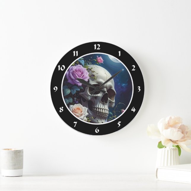Moonlit Roses Skull Large Clock (Home)