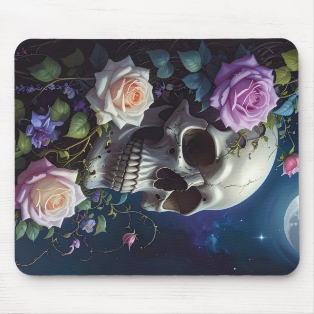 Moonlit Roses Skull Mouse Pad (Front)