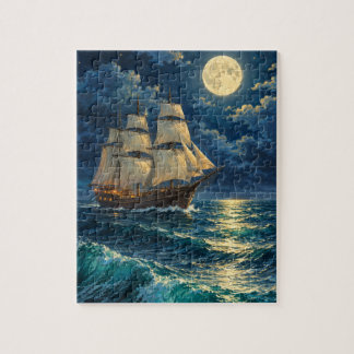 Moonlit Sailing Ship Vintage Nautical Seascape Jigsaw Puzzle