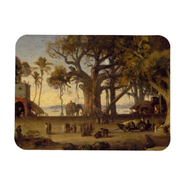 Moonlit Scene of Indian Figures and Elephants amon Magnet (Horizontal)