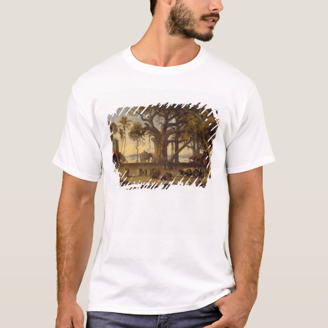Moonlit Scene of Indian Figures and Elephants amon T-Shirt (Front)