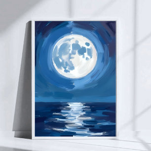 Moonlit Sea   Ocean Night Watercolor Reflection Poster