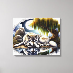 Moonlit Serenity A Slumbering Wolf 20x16 Canvas Print