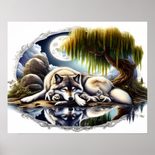Moonlit Serenity A Slumbering Wolf 20x16 Poster