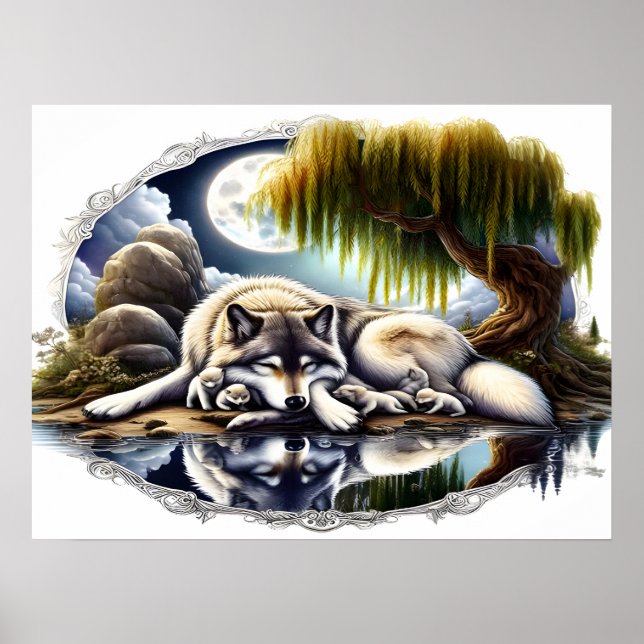 Moonlit Serenity A Slumbering Wolf 24x18 Poster (Front)