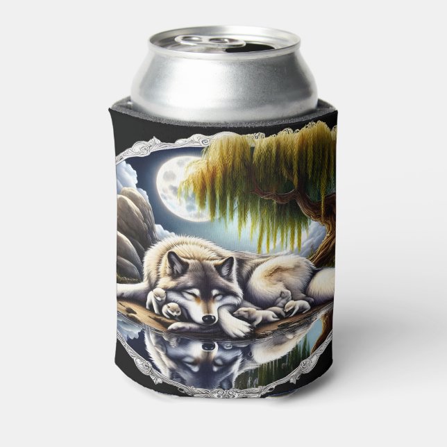 Moonlit Serenity A Slumbering Wolf Can Cooler (Can Back)