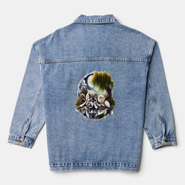 Moonlit Serenity A Slumbering Wolf Denim Jacket (Back)