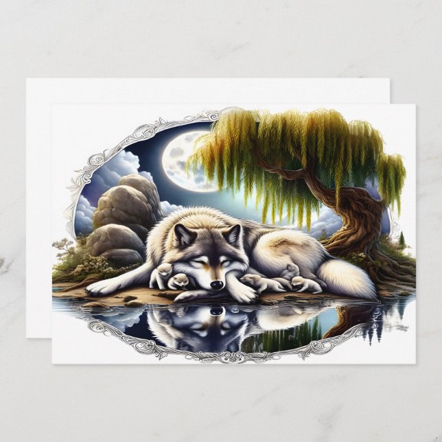 Moonlit Serenity A Slumbering Wolf Thank You Card (Front/Back)