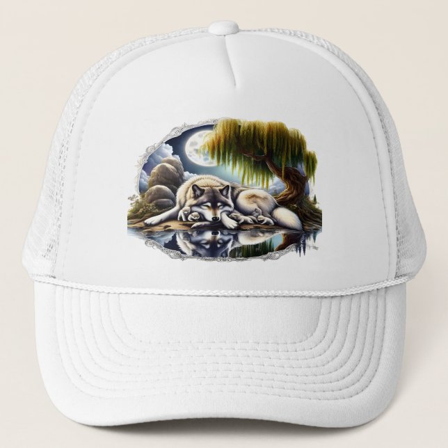 Moonlit Serenity A Slumbering Wolf Trucker Hat (Front)