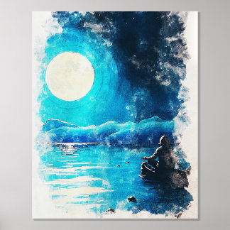 Moonlit Serenity  Meditative Nightscape Watercolor Foil Prints