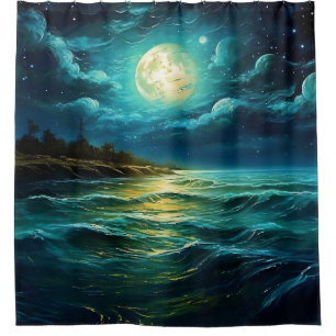“Moonlit Serenity: Nighttime Seascape” Shower Curtain