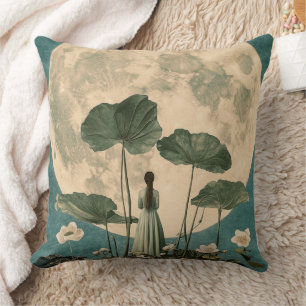 Moonlit Serenity – Vintage Lotus Scene Cushion