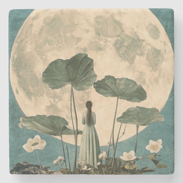 Moonlit Serenity – Vintage Lotus Scene Stone Coaster (Front)
