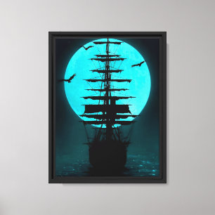 Moonlit Ship and Blue Full Moon Canvas Print