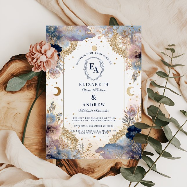 Moonlit Sky and Rose Floral Wedding Invitation (Creator Uploaded)