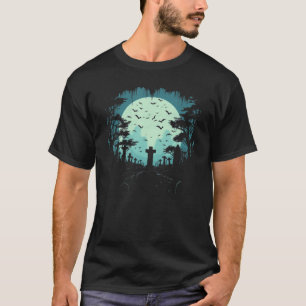 Moonlit Sky Tombstone Silhouette Tee Spooky Night