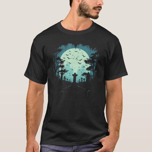 Moonlit Sky Tombstone Silhouette Tee Spooky Night  (Front)
