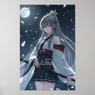 Moonlit Snow Samurai — Elegant Anime Girl Warrior  Poster