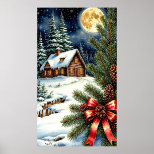 🏡 Moonlit Snowy Cabin in Enchanted Winter Forest Poster