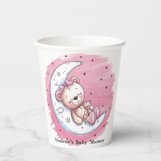 Moonlit Snuggles: A Bear’s Dream Girl Baby Shower Paper Cups (Front)