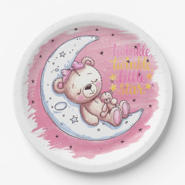 Moonlit Snuggles: A Bear’s Dream Girl Baby Shower Paper Plate (Front)