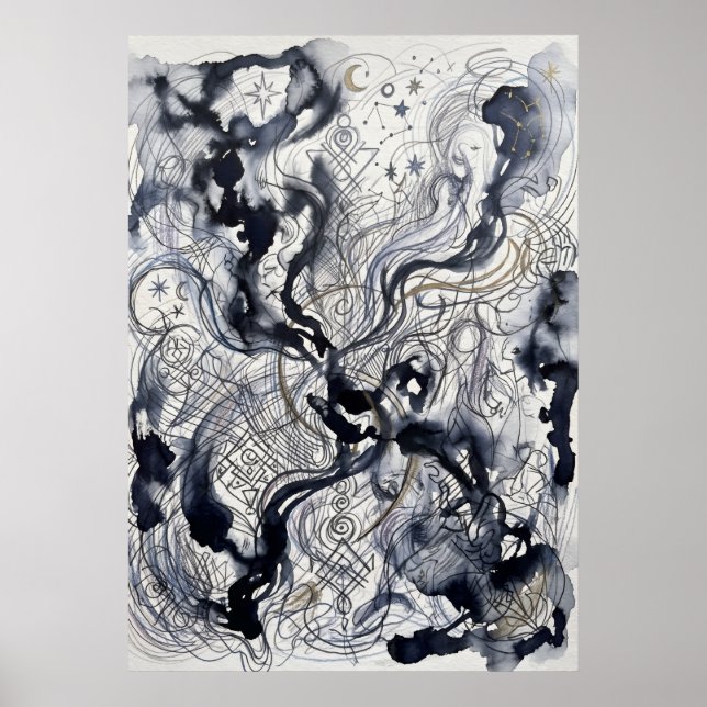 Moonlit Spirit Birds Ink Drawing Poster (Front)