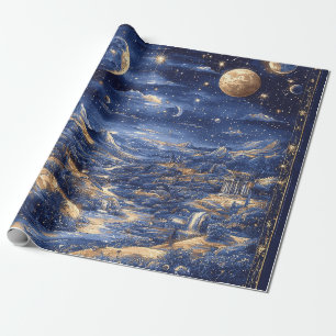Moonlit Starry Dreamland Mythical Blue Design Wrapping Paper