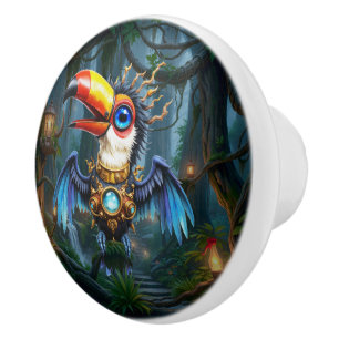 Moonlit Steampunk Toucan.  Ceramic Knob