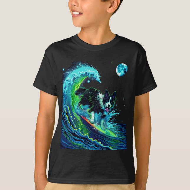 Moonlit Surfing Border Collie Kids T-Shirt (Front)