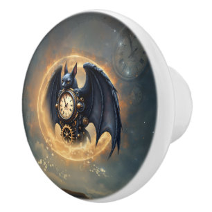 Moonlit Timekeeper – Steampunk Bat  Ceramic Knob