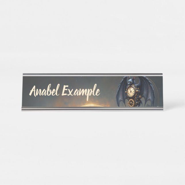 Moonlit Timekeeper – Steampunk Bat  Desk Name Plate (Front)