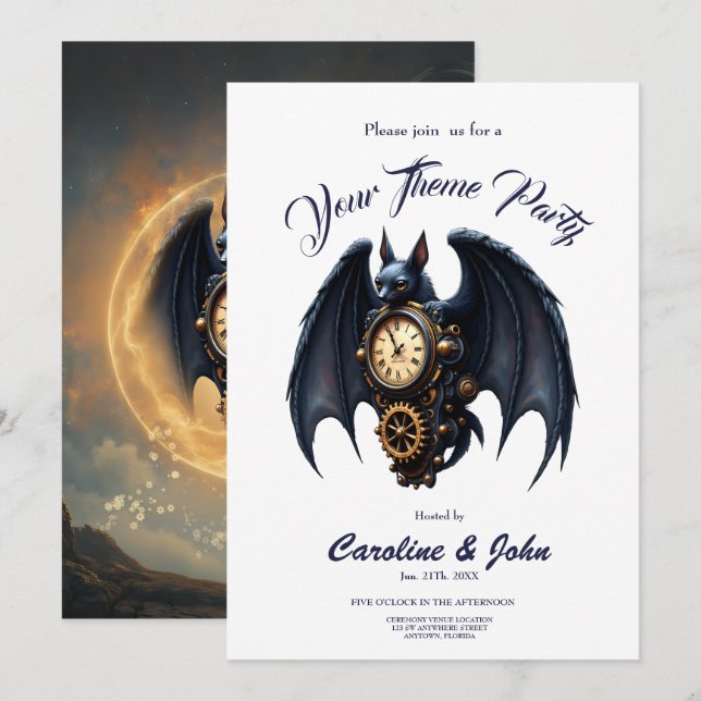 Moonlit Timekeeper – Steampunk Bat  Invitation (Front/Back)
