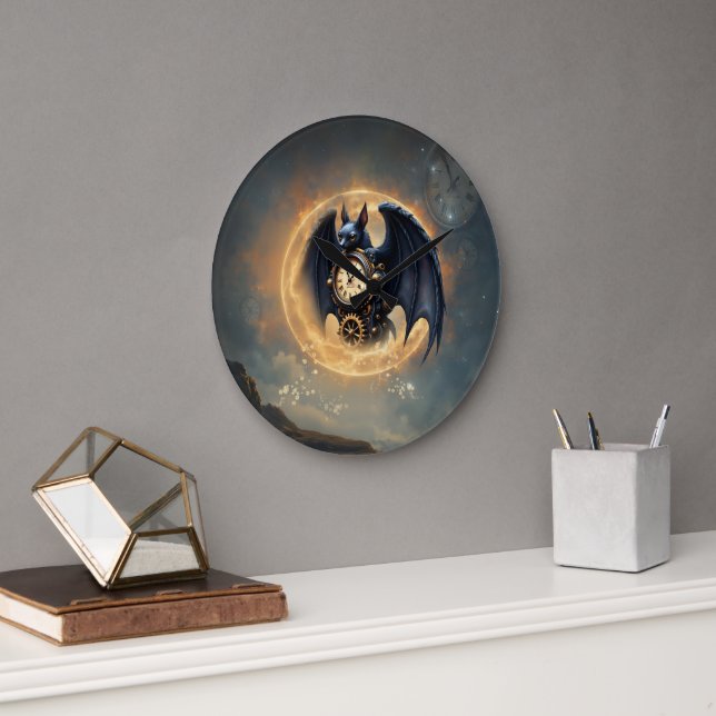 Moonlit Timekeeper – Steampunk Bat  Large Clock (Office)