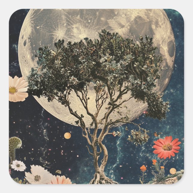 Moonlit Tree & Blossoms Square Sticker (Front)